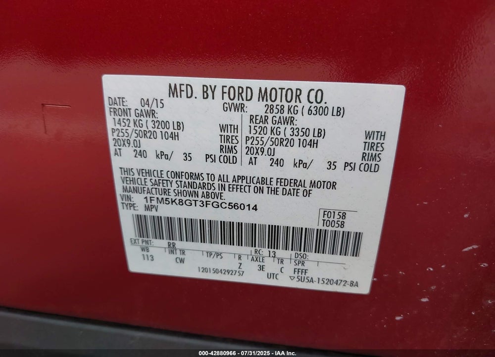 2015 FORD EXPLORER VIN: 1FM5K8GT3FGC56014