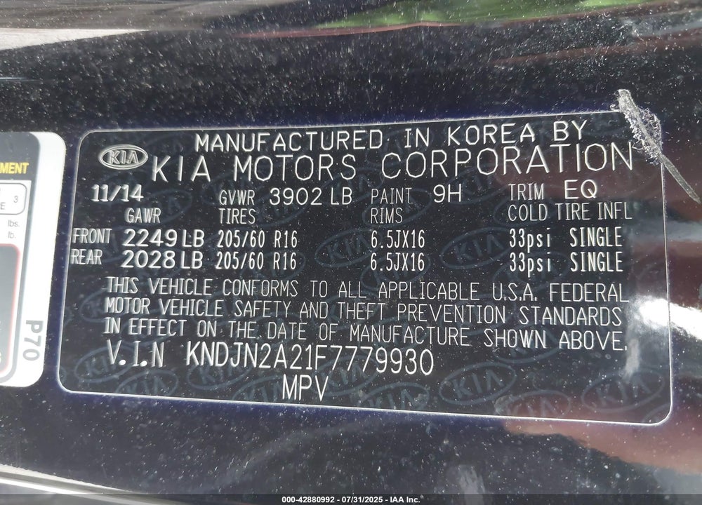 2015 KIA SOUL VIN: KNDJN2A21F7779930