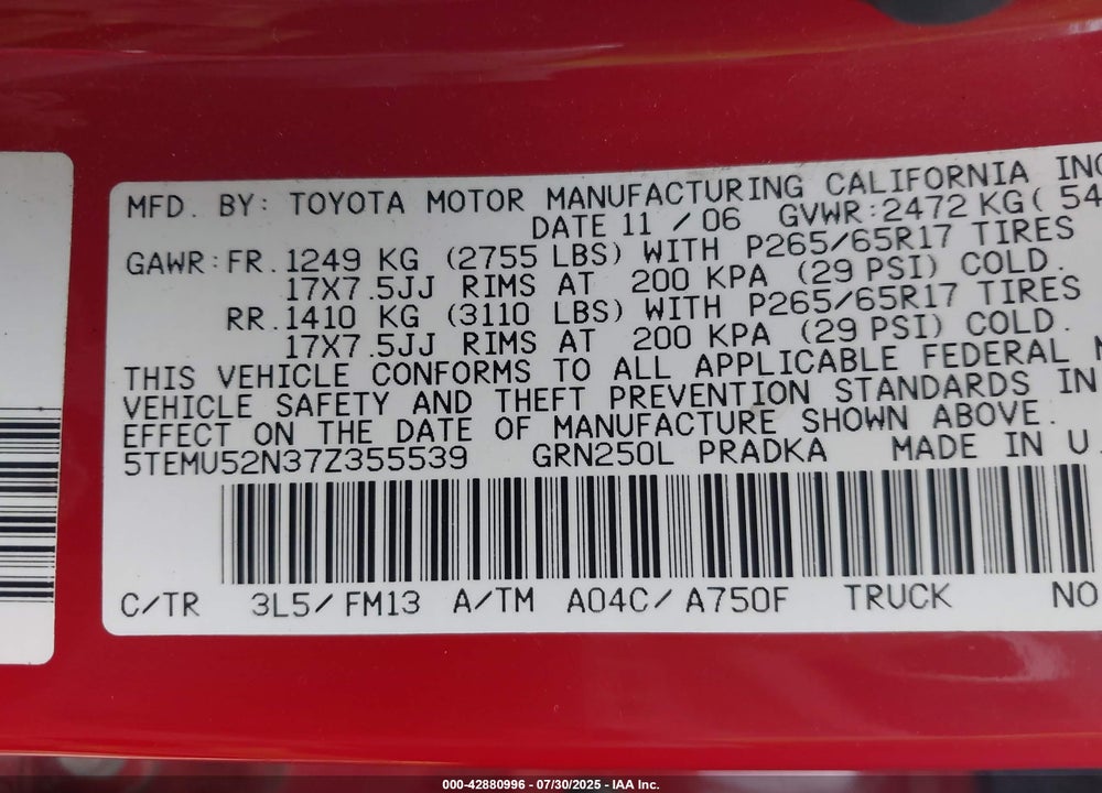 2007 TOYOTA TACOMA BASE V6 VIN: 5TEMU52N37Z355539
