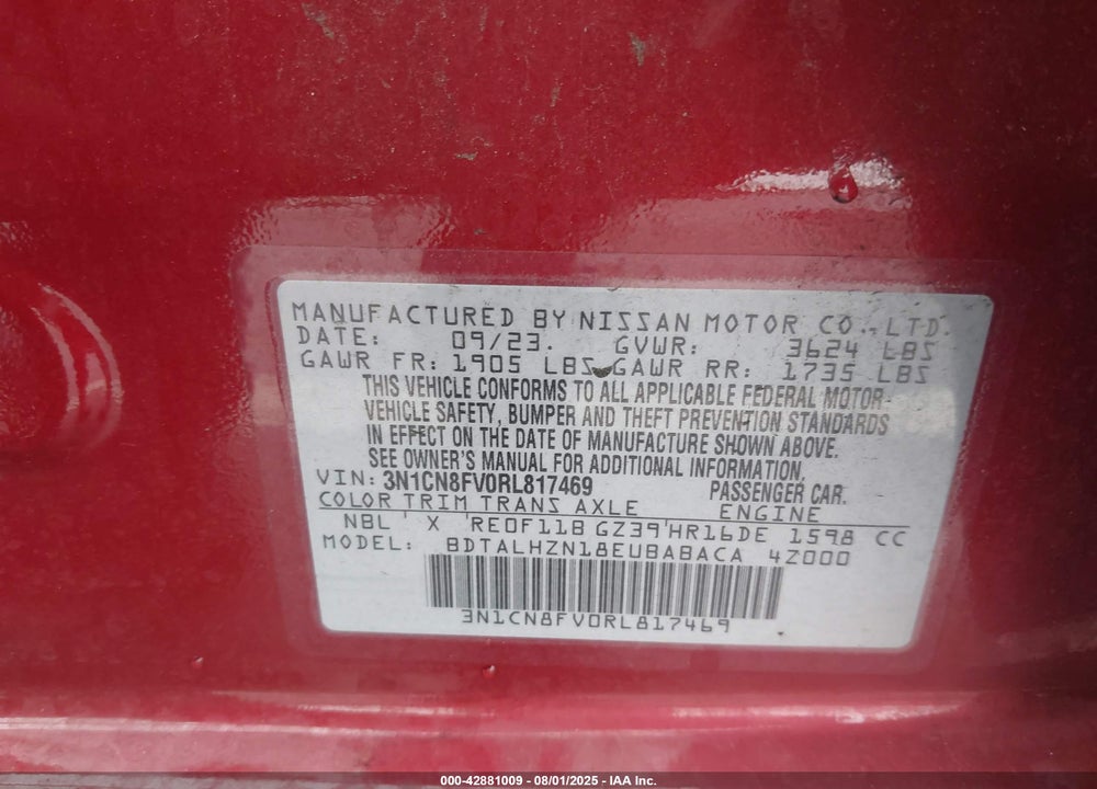 2024 NISSAN VERSA VIN: 3N1CN8FV0RL817469