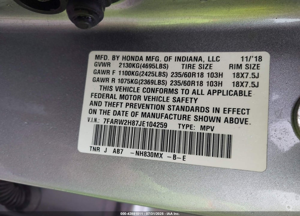 2018 HONDA CR-V VIN: 7FARW2H87JE104259