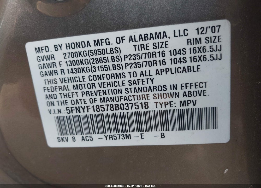 2008 HONDA PILOT EX-L VIN: 5FNYF18578B037518