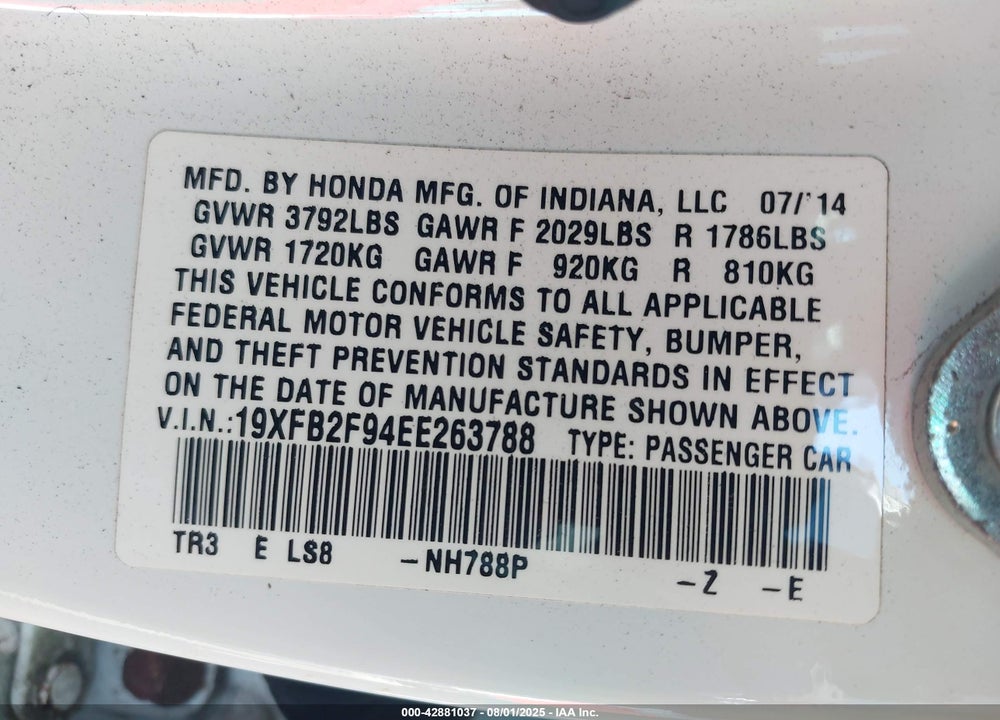 2014 HONDA CIVIC EX-L VIN: 19XFB2F94EE263788