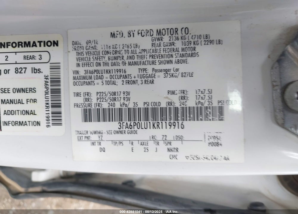 2019 FORD FUSION VIN: 3FA6P0LU1KR119916