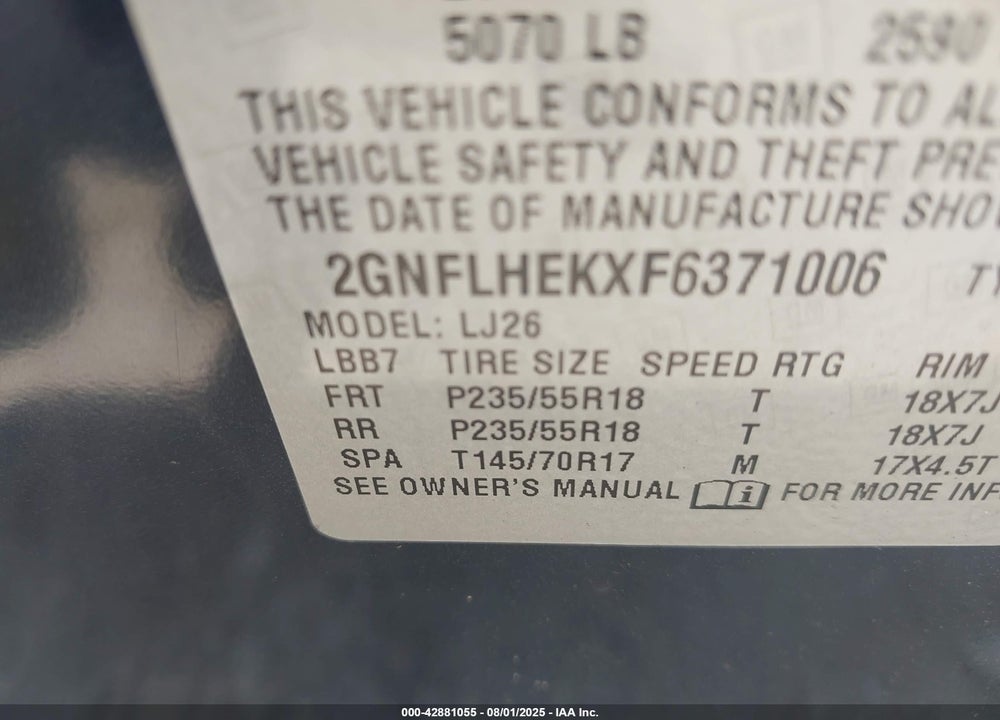 2015 CHEVROLET EQUINOX VIN: 2GNFLHEKXF6371006