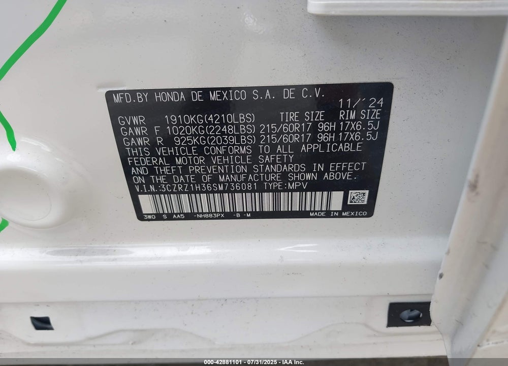 2025 HONDA HR-V 2WD LX VIN: 3CZRZ1H36SM736081