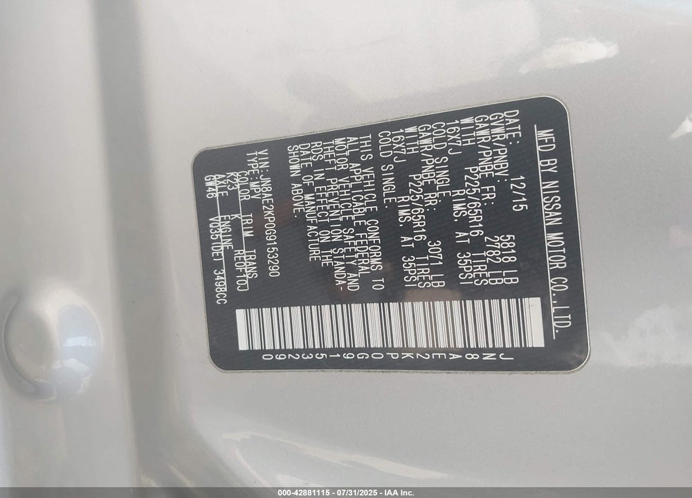 2016 NISSAN QUEST PLATINUM/S/SL/SV VIN: JN8AE2KP0G9153290