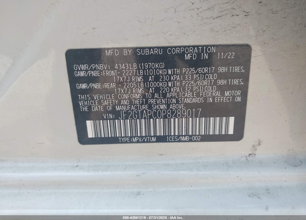 2023 SUBARU CROSSTREK VIN: JF2GTAPC0P8289017