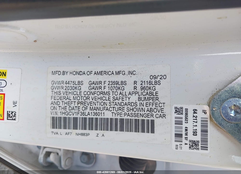 2020 HONDA ACCORD VIN: 1HGCV1F36LA136011