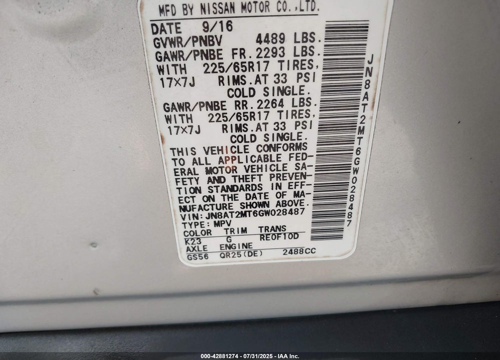 2016 NISSAN ROGUE VIN: JN8AT2MT6GW028487