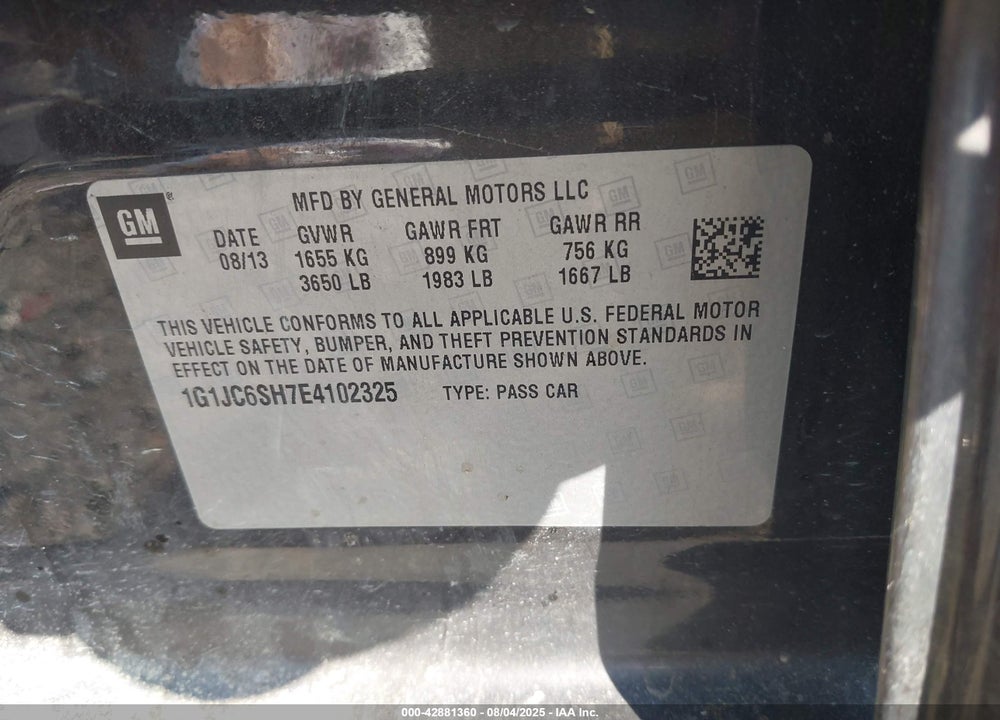 2014 CHEVROLET SONIC LT AUTO VIN: 1G1JC6SH7E4102325