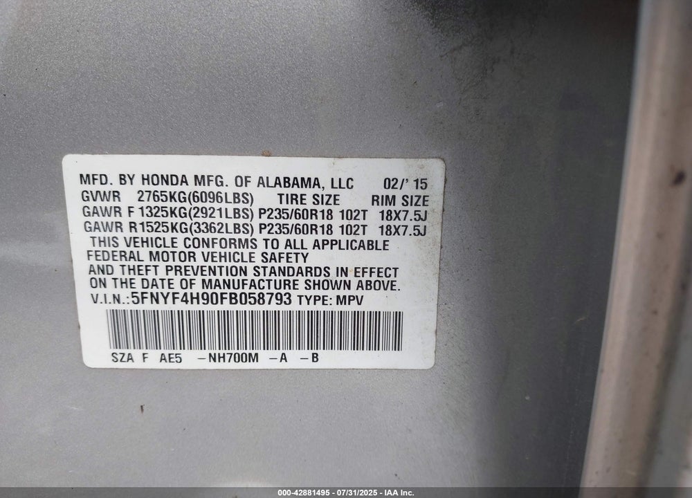 2015 HONDA PILOT VIN: 5FNYF4H90FB058793