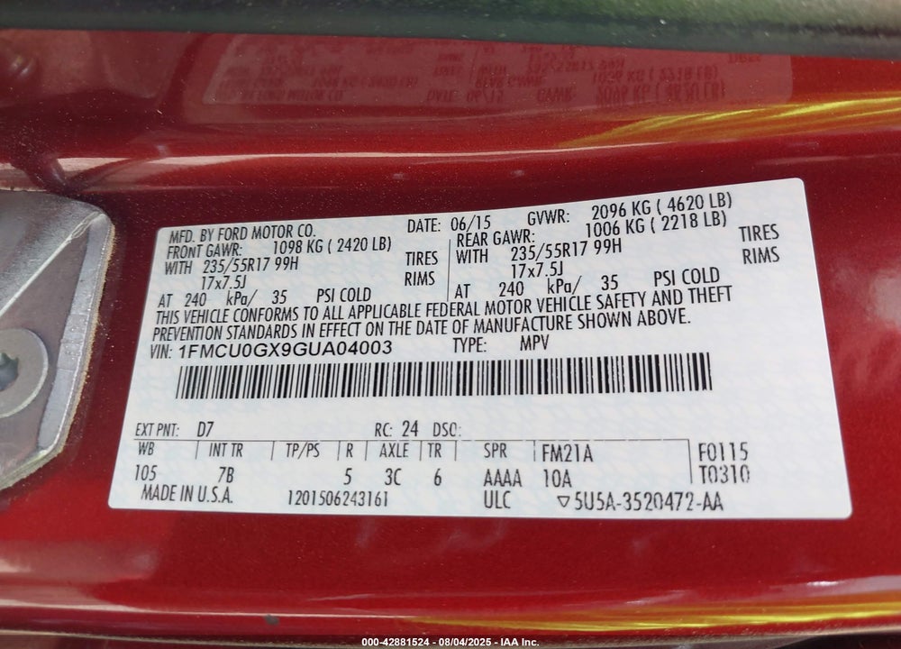 2016 FORD ESCAPE VIN: 1FMCU0GX9GUA04003
