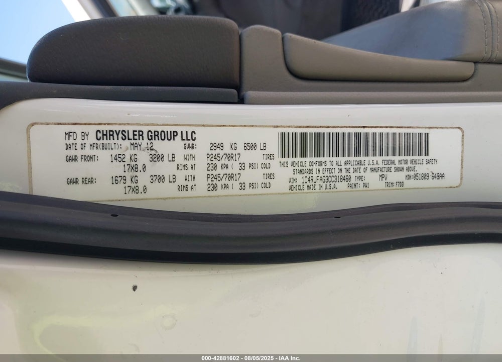 2012 JEEP GRAND CHEROKEE VIN: 1C4RJFAG3CC318460