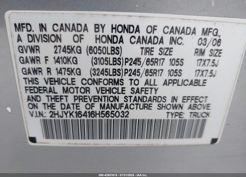 2006 HONDA RIDGELINE VIN: 2HJYK16416H565032