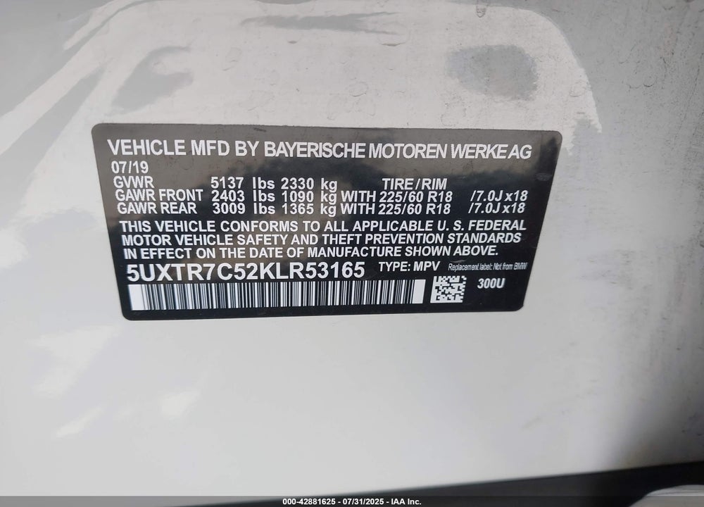2019 BMW X3 VIN: 5UXTR7C52KLR53165