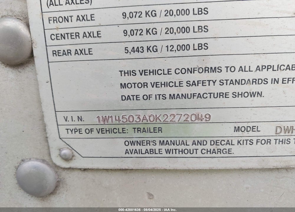 2019 WILSON TRAILER CO OTHER VIN: 1W14503A0K2272049