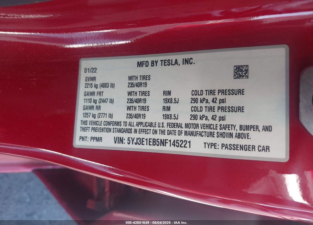 2022 TESLA MODEL 3 VIN: 5YJ3E1EB5NF145221