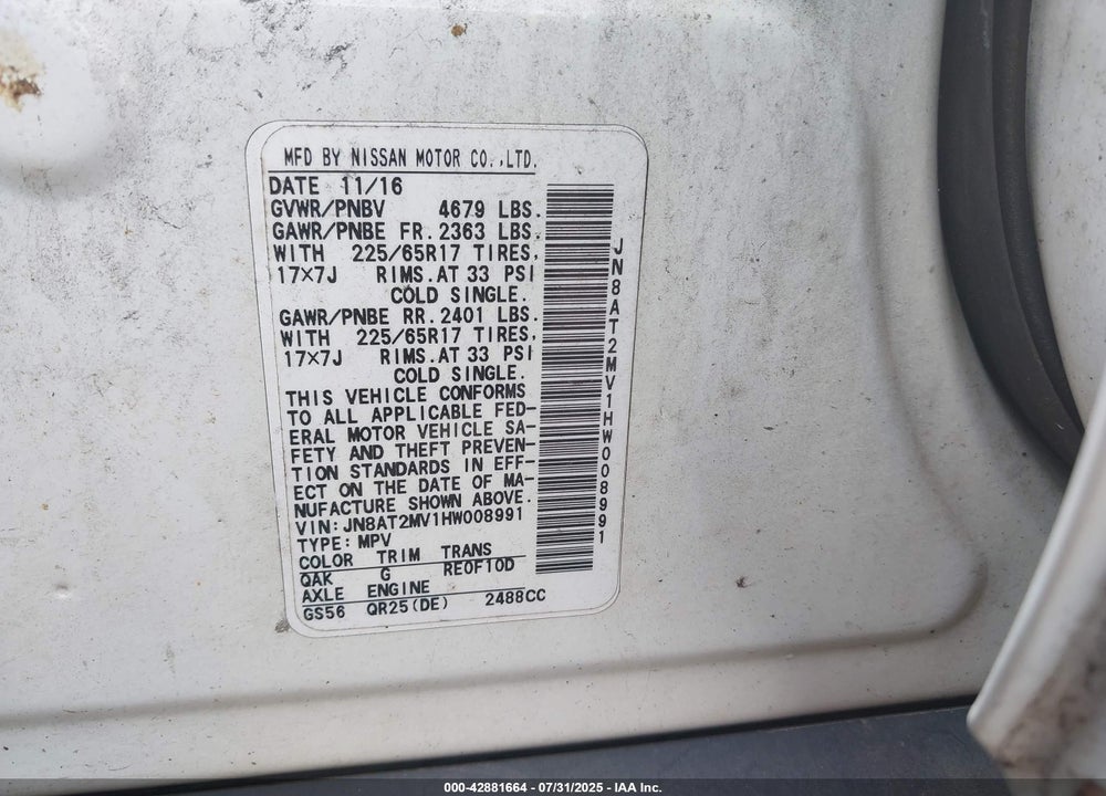 2017 NISSAN ROGUE VIN: JN8AT2MV1HW008991