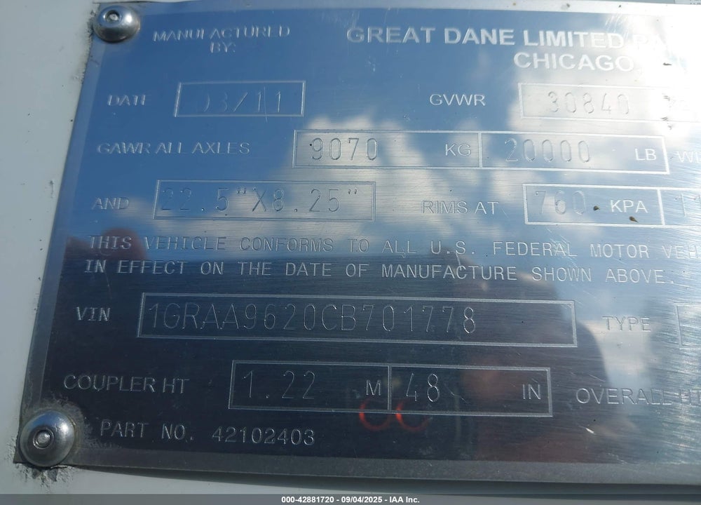 2012 GREAT DANE TRAILERS --- VIN: 1GRAA9620CB701778