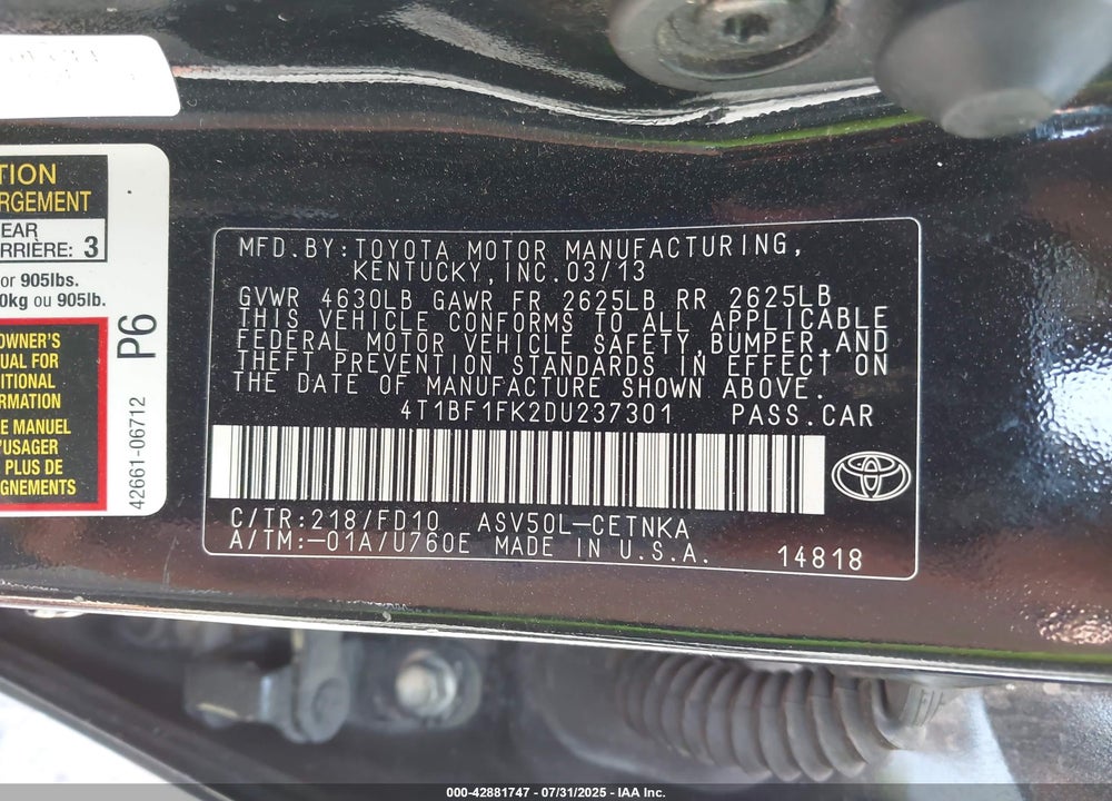 2013 TOYOTA CAMRY VIN: 4T1BF1FK2DU237301