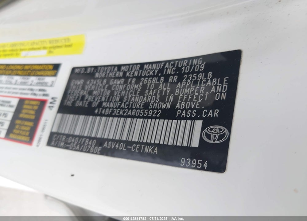 2010 TOYOTA CAMRY VIN: 4T4BF3EK2AR055922