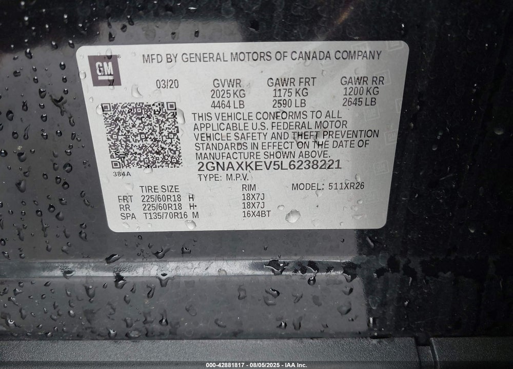 2020 CHEVROLET EQUINOX VIN: 2GNAXKEV5L6238221