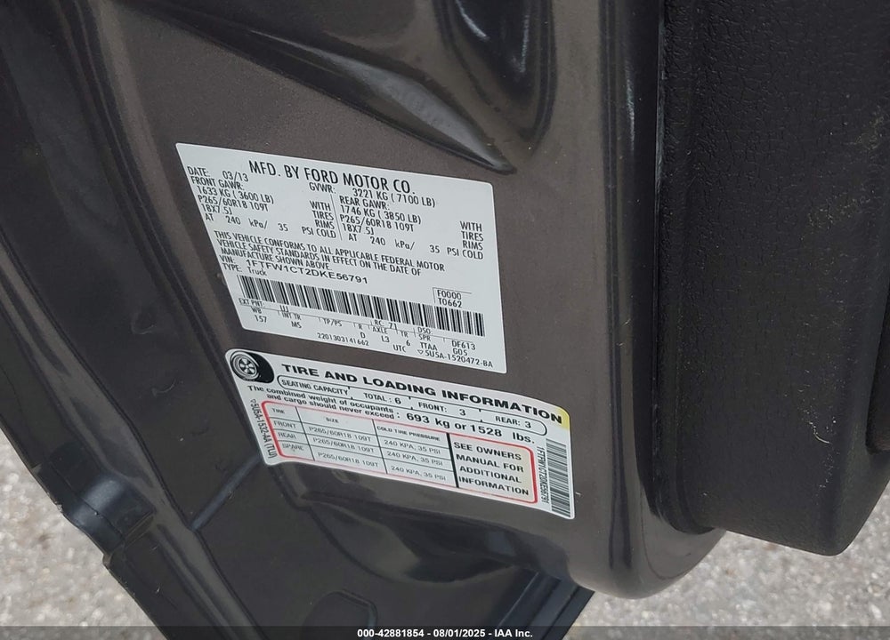 2013 FORD F-150 VIN: 1FTFW1CT2DKE56791