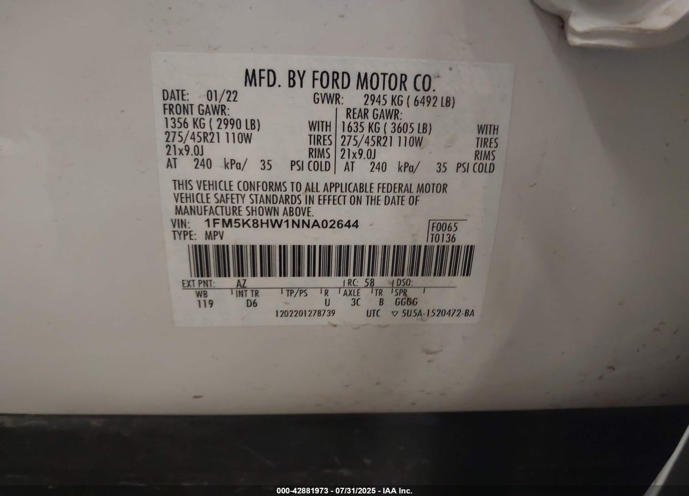 2022 FORD EXPLORER VIN: 1FM5K8HW1NNA02644