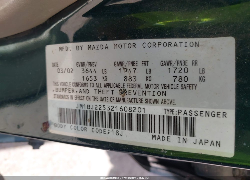 2002 MAZDA PROTEGE DX/ES/LX VIN: JM1BJ225321608201