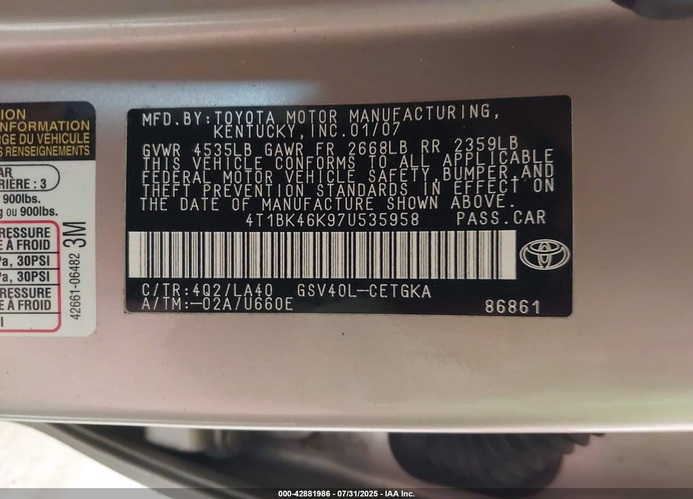 2007 TOYOTA CAMRY XLE V6 VIN: 4T1BK46K97U535958