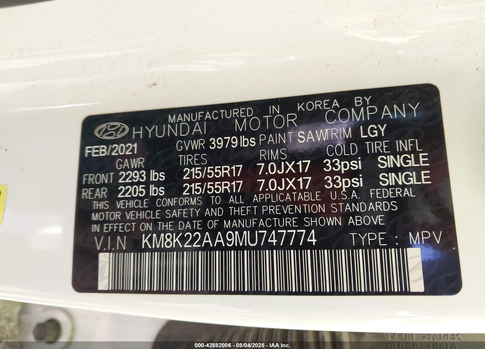 2021 HYUNDAI KONA SEL VIN: KM8K22AA9MU747774