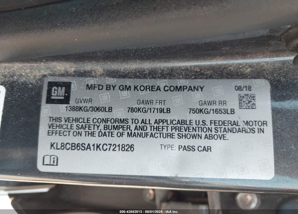 2019 CHEVROLET SPARK VIN: KL8CB6SA1KC721826