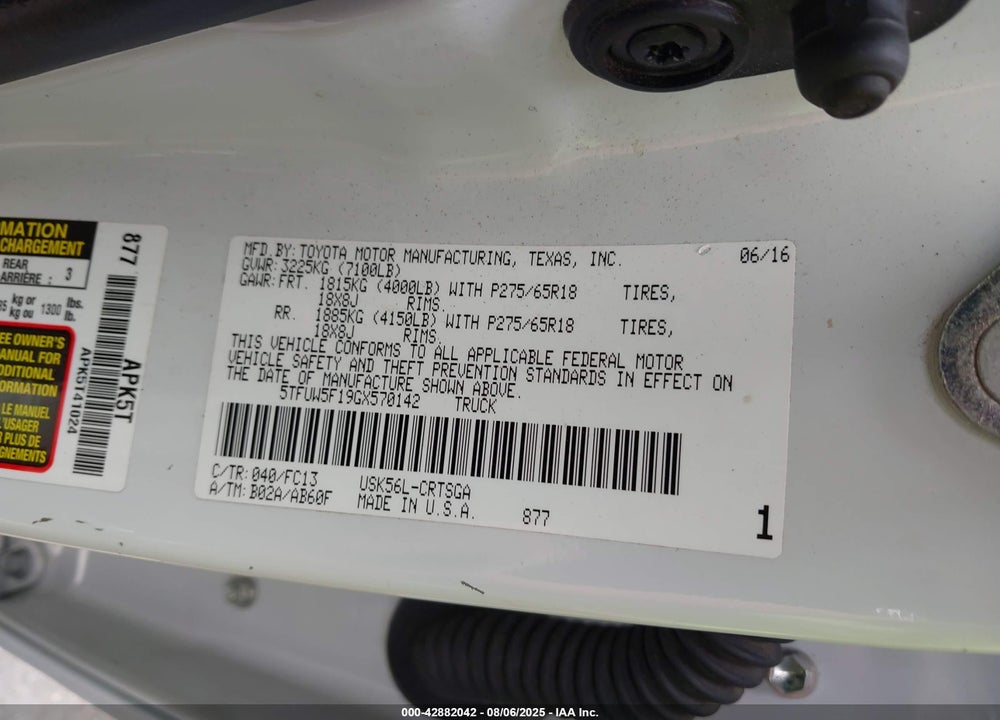 2016 TOYOTA TUNDRA VIN: 5TFUW5F19GX570142
