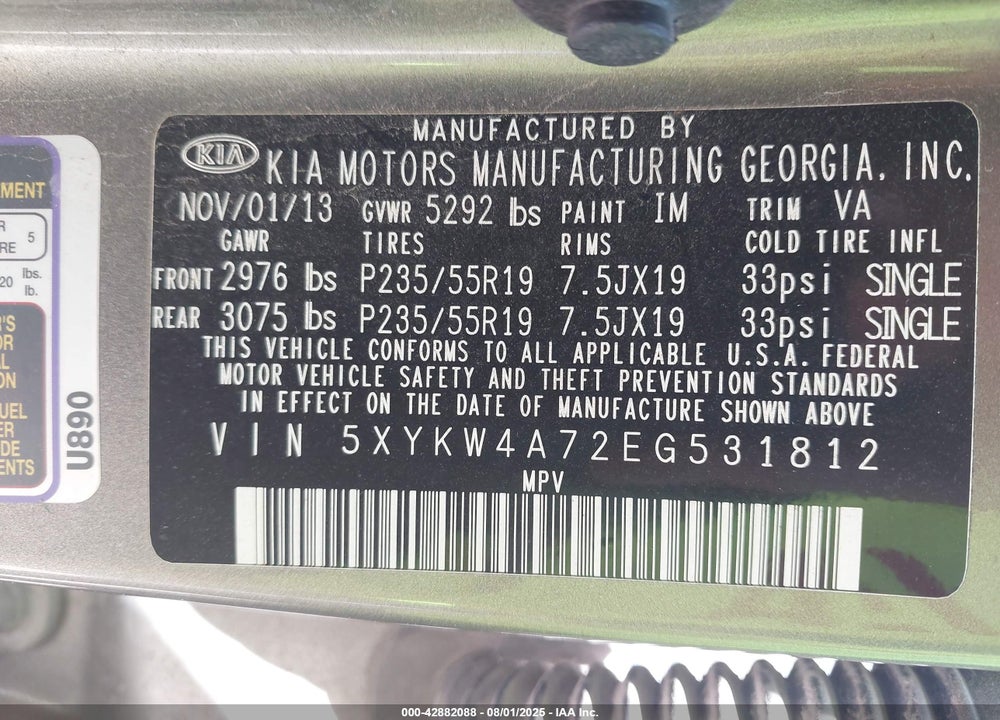 2014 KIA SORENTO VIN: 5XYKW4A72EG531812