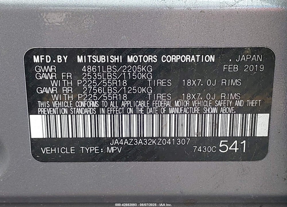 2019 MITSUBISHI OUTLANDER SEL VIN: JA4AZ3A32KZ041307