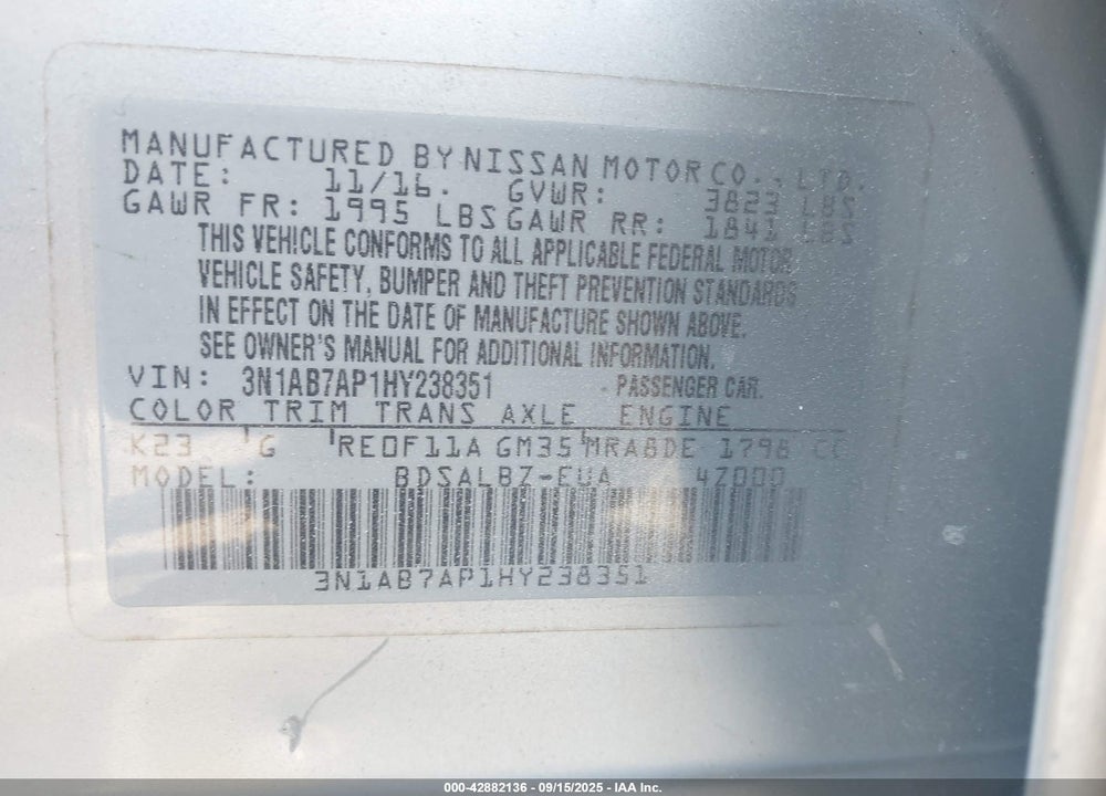 2017 NISSAN SENTRA S VIN: 3N1AB7AP1HY238351