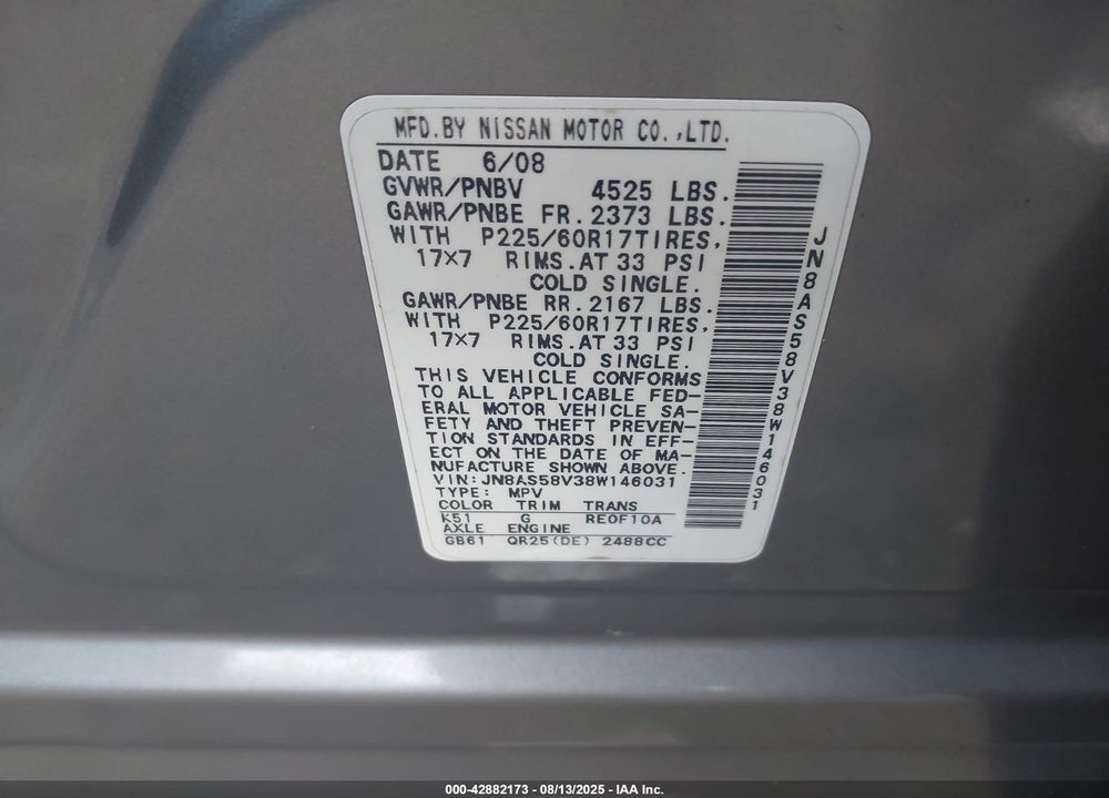 2008 NISSAN ROGUE SL VIN: JN8AS58V38W146031