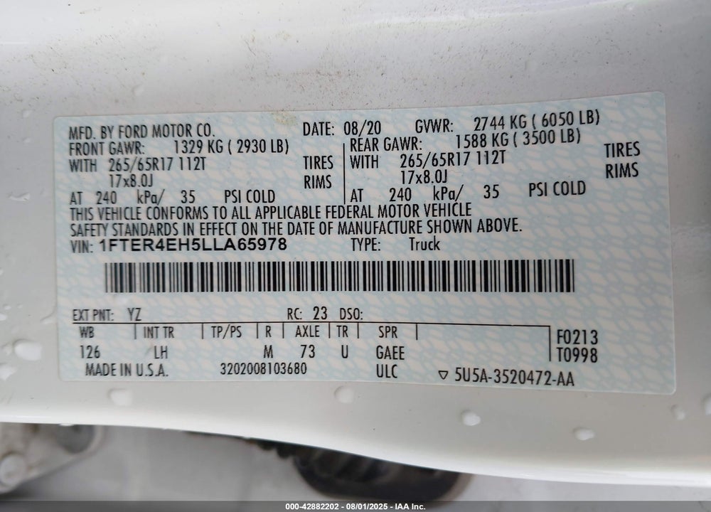 2020 FORD RANGER VIN: 1FTER4EH5LLA65978