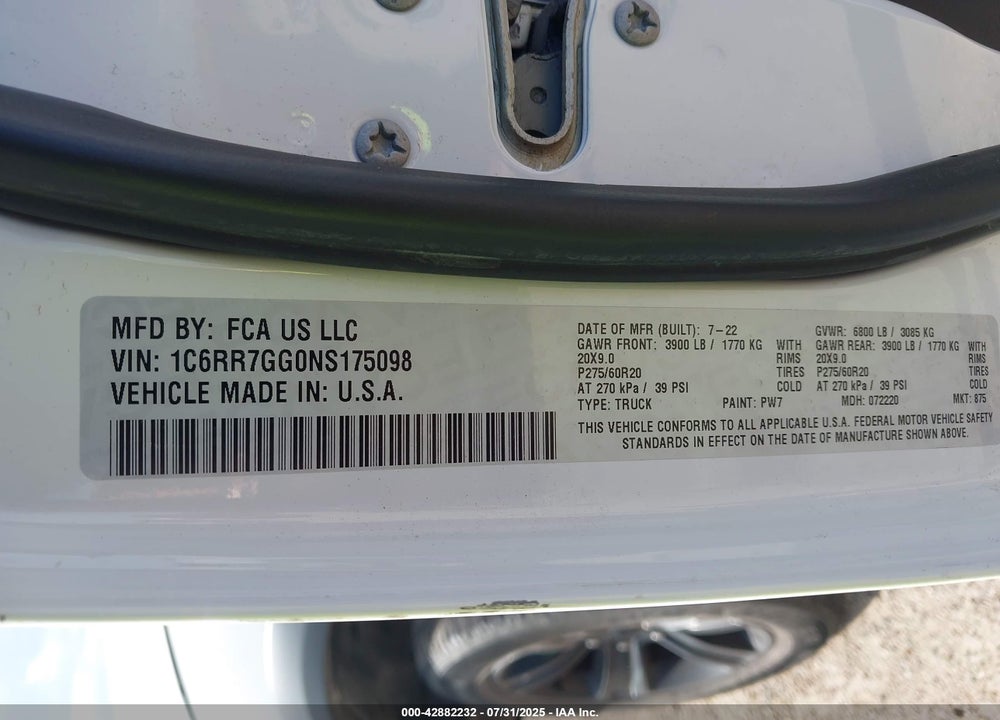 2022 RAM 1500 VIN: 1C6RR7GG0NS175098