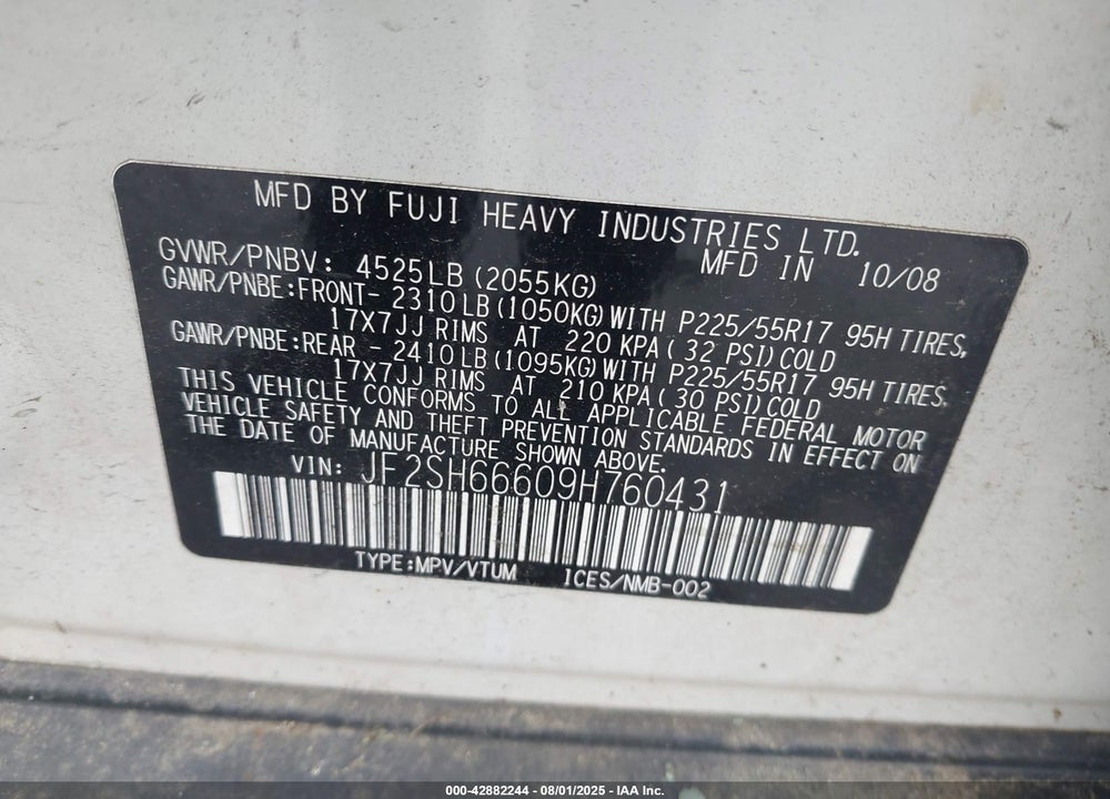 2009 SUBARU FORESTER VIN: JF2SH66609H760431