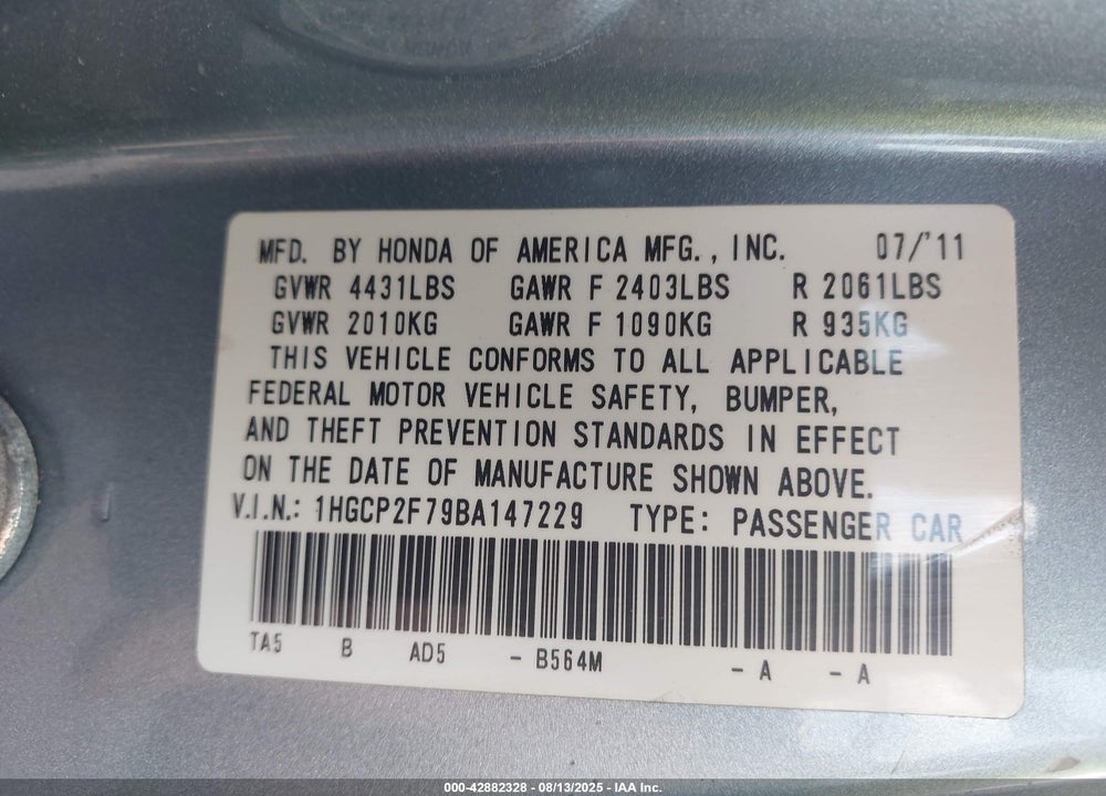 2011 HONDA ACCORD VIN: 1HGCP2F79BA147229