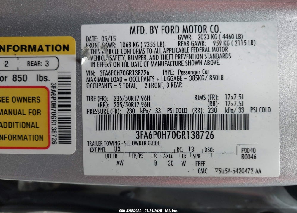 2016 FORD FUSION VIN: 3FA6P0H70GR138726