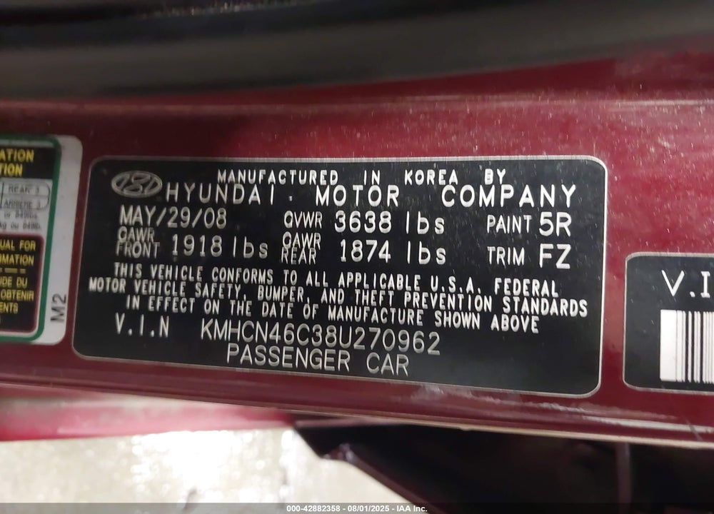 2008 HYUNDAI ACCENT VIN: KMHCN46C38U270962