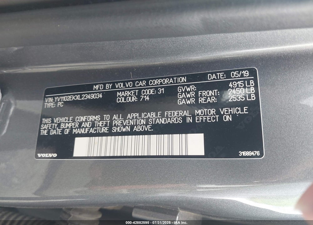 2020 VOLVO V60 T5 MOMENTUM VIN: YV1102EKXL2349034