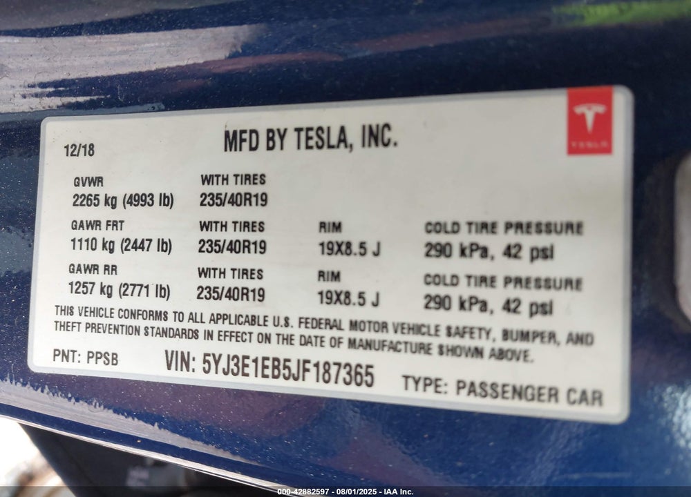 2018 TESLA MODEL 3 LONG RANGE/PERFORMANCE VIN: 5YJ3E1EB5JF187365
