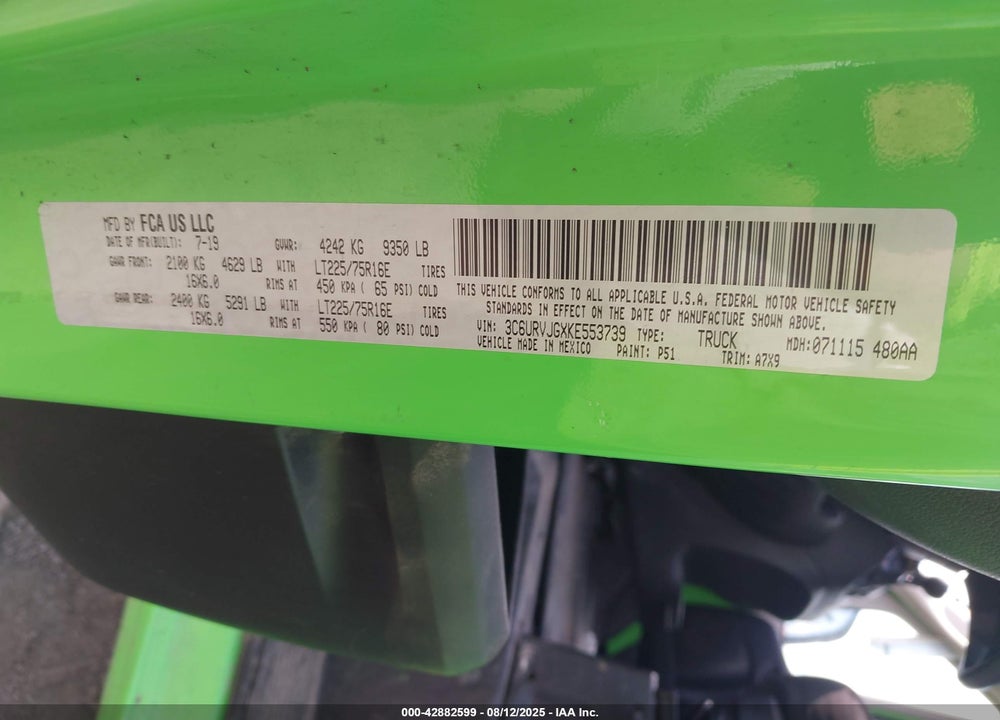2019 RAM PROMASTER 3500 CARGO VAN HIGH ROOF 159 WB EXT VIN: 3C6URVJGXKE553739