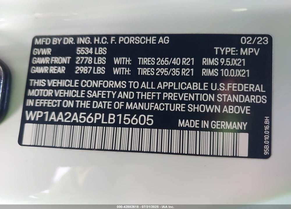 2023 PORSCHE MACAN VIN: WP1AA2A56PLB15605