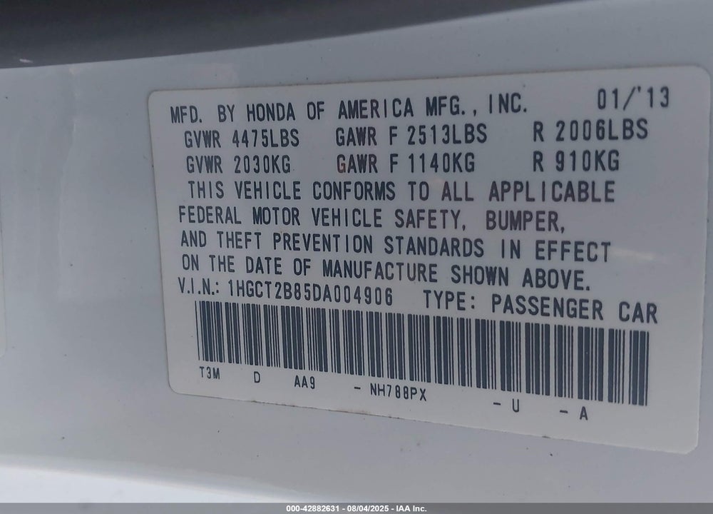 2013 HONDA ACCORD EX-L V-6 VIN: 1HGCT2B85DA004906