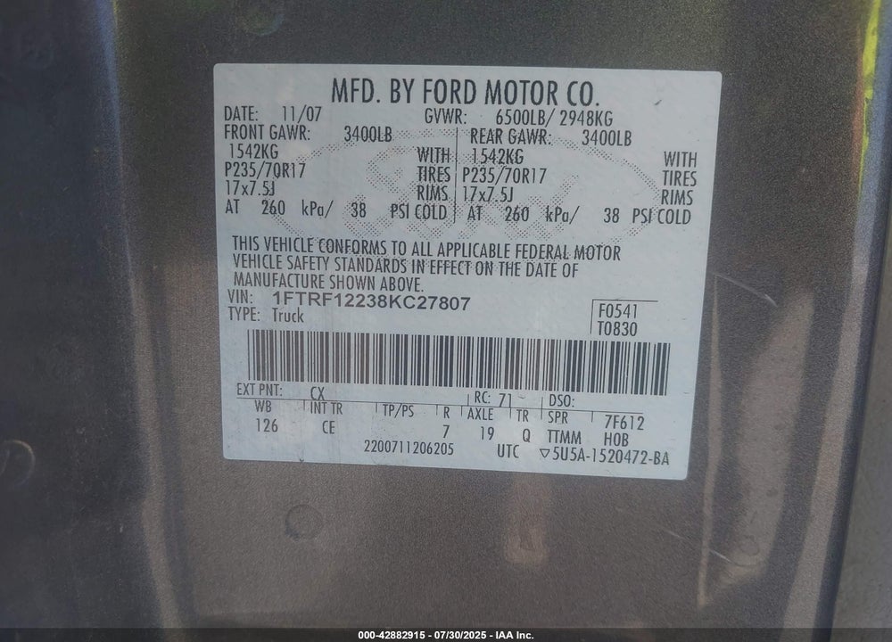 2008 FORD F-150 VIN: 1FTRF12238KC27807